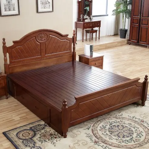 Bonne qualité de noix de meubles de chambre à coucher en bois massif cadre de lit lits doubles roi reine taille lit français