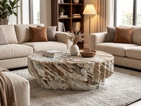 Table basse ovale moderne en marbre naturel de luxe avec design cannelé pour salon, chambre et villa