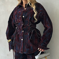 Nouvelle Collection Automne 2026 : Ensemble en Jean Imprimé Abstrait avec Ceinture, Veste et Pantalon en Denim Color Block pour Femme