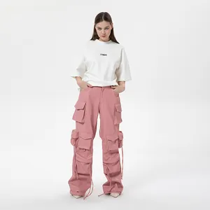 Pantaloni Cargo a gamba dritta con tasche multiuso a vita alta da donna Hip Hop pantaloni larghi impilati in ecopelle rosa stile Punk