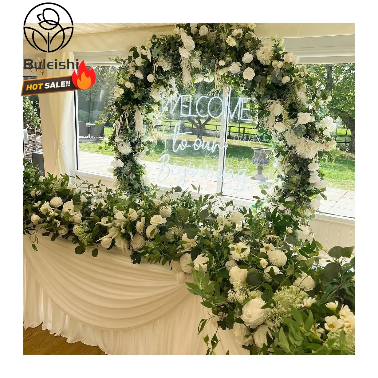 हरा गुलाब मेहराबदार फूल धावक शादी की व्यवस्था गोलाकार फूल दरवाजा चर्च लॉन पृष्ठभूमि शादी की सजावट सिमुलेशन फूल