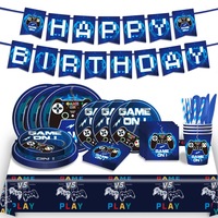 Kits de vaisselle jetable sur le thème du jeu personnalisés en bleu, comprenant une bannière d'anniversaire, des assiettes en papier, des fournitures de fête à motifs de jeu