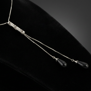 Classic Dainty 925 <b>Silver</b> Rhodium Plated Lariat Necklace with Black Onyx Water Drop Pendant <b>Snake</b> <b>Chain</b> Unisex Everyday Wear - Product Image 3