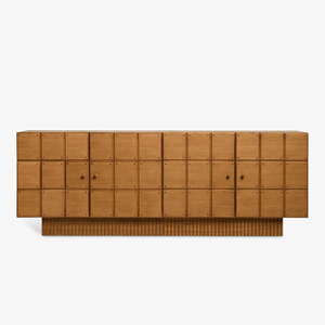 Meuble TV en bois massif à mosaïque à carreaux rétro, base à motif vertical ondulé, comptoir rectangulaire long à grande capacité de rangement - Product Image 1
