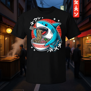 Camiseta Kawaii Neko inspirada en la cultura japonesa, camiseta promocional con diseño de tiburón comiendo ramen - Product Image 3