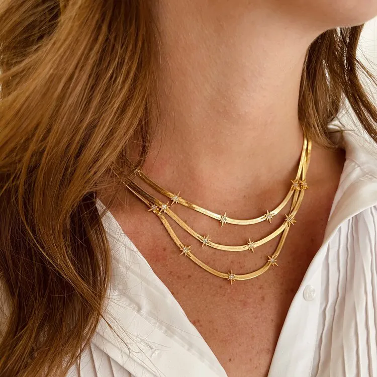 Chain women choker 18k gold rhodium high quality fashion jewelry cz starburst star charm herringbone chain necklace