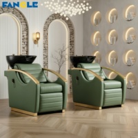 Fauteuil de Barbier en Acier Inoxydable Doré avec Massage et Rehausseur Électrique pour les Jambes, Lit de Lavage Personnalisable, Bac en Céramique Noir