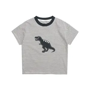 Children's Summer Wear Short Sleeved T-shirt Dinosaur Patch Embroidered Boys Striped T Shirt for Kids