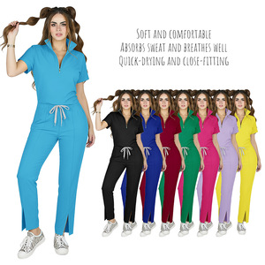 Women Hospital Scrub Suit Short Sleeve Zip Up <b>Pants</b> Set Moisture Wicking Knitted Split Set <b>Work</b> Uniform - Product Image 5