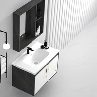 Miroir de salle de bain rectangulaire en PVC noir mat avec éclairage LED mural design moderne, comptoir en chêne, lavabo facile à nettoyer