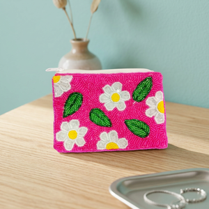 Handmade Embroidered Floral Zipper Pouch Custom Logo Beads Promotional <b>Pink</b> Coin Purse Square Cotton Fashion Daily Use Jaunty - Product Image 1