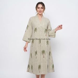 Vestido Midi de Lujo para Mujer, Diseño Ecológico, Lavable, de Algodón, Vestido de Novia con Estampado Digital Floral de Árboles, Manga 3/4, Moderno y Natural - Product Image 1