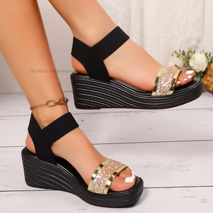 Nouvelles sandales compensées élastiques à paillettes pour femmes, style européen et américain, à plateforme et semelle épaisse, pour l'été - Product Image 1