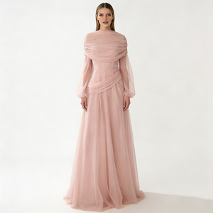 Abiti da Donna <span class=keywords><strong>Rosa</strong></span> con Collo Alto, Maniche Lunghe Trasparenti Arricciate, Vita Stretta, Vestiti Lunghi Formali da Sera e Festa - Product Image 3
