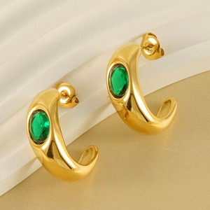 Zogxin Gold C-Shaped Stud Earrings With Green Zircon Geometric Design For Women Party Jewelry - Product Image 4
