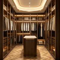 Système de dressing central incurvé en bois avec éclairage LED, armoire de rangement sur mesure pour chambre de villa en immeuble de grande hauteur