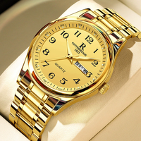 Montre à quartz étanche à grand cadran lumineux couleur or avec double calendrier pour personnes d'âge moyen et âgées