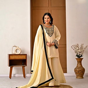 Ensemble de robe ethnique indienne et pakistanaise traditionnelle pour femme, en soie romaine épaisse brodée, coupe ample, longueur ras du sol, pour mariage, livraison rapide - Product Image 1