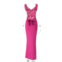 Robe maxi sans manches à col en V pour femmes, dos nu, nœud sexy, tenue Y2K pour les anniversaires, les soirées, les visites en boîte de nuit
