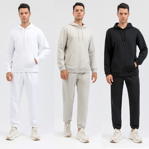 Ensemble sweat-shirt et pantalon de survêtement pour homme, couleur unie, tissu French Terry, tenue décontractée sport deux pièces avec logo imprimé pour l'automne et l'hiver - Product Image 3