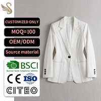Blazer Femme Chic Français à Bouton Unique avec Revers Cranté et Surpiqûres Contrastantes Blanc Ivoire Personnalisé – Veste de Bureau OEM ODM BSCI