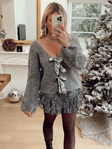 Venda quente Personalizado Novo Design Moda v-pescoço Patchwork Lace Up <span class=keywords><strong>Bow</strong></span> Tie Cropped Top Pullover Camisolas De Malha <span class=keywords><strong>Cardigan</strong></span> para as mulheres - Product Image 6