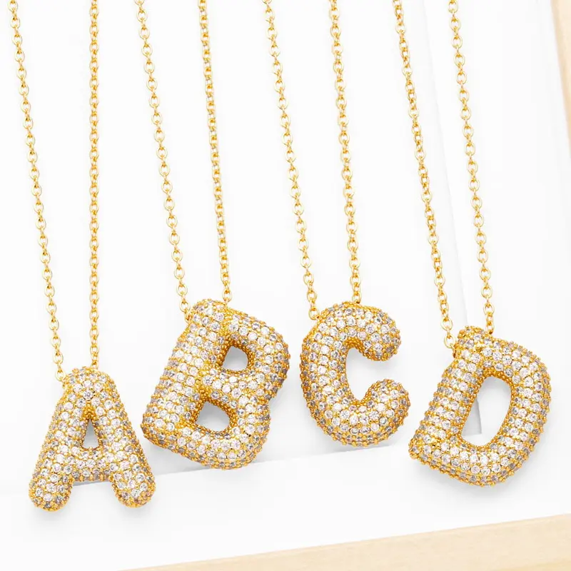 INS Brass Gold Plated DIY Zircon Balloon Alphabet Initial Letter Necklace Copper Aerated Full Zircon Letters Choker Necklace