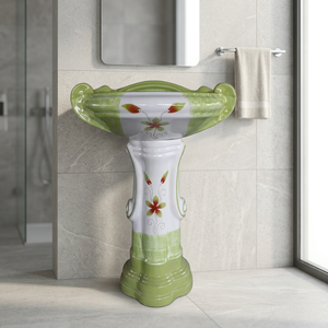 Green Marble Effect Round Ceramic Designer Wash Basin with Full Pedestal - Product Image 4