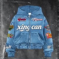 Hoodie Graphique Homme Molletonné 100% Coton avec Patch Brodé, Délavage Acide, Style Streetwear, Impression DTG Personnalisée, Fermeture Éclair et Strass