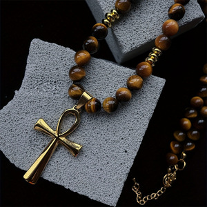 Collar de Cruz de hematita dorada con cuentas de piedra de ojo de tigre de piedra Natural Católica Cristiana religiosa de alta calidad para hombres - Product Image 4