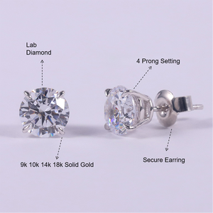 Permanente IGI certificado CVD HPHT redondo 6,5mm 1ct DEF VS <span class=keywords><strong>diamante</strong></span> creado en laboratorio 14K Au585 oro 2ctw por par pendientes <span class=keywords><strong>de</strong></span> tuerca <span class=keywords><strong>de</strong></span> moissanita - Product Image 1