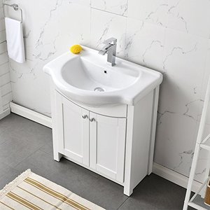 ตู้ห้องน้ำแบบตั้งพื้นสีขาวพร้อมอ่างเซรามิกในตัว ตู้เก็บของสองบาน - Product Image 2