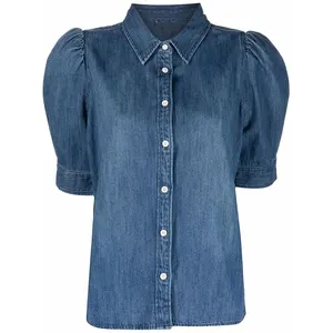 China manufacturer women's summer short sleeve blouses & shirts ladies's puff sleeve button up washed denim blouses