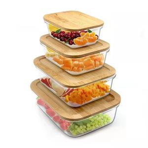 Scatola di vetro all'ingrosso di bambù e copertura di legno vetro resistente al calore fresco-conservazione scatola di pranzo frigorifero scatola di immagazzinaggio refrigerata - Product Image 1