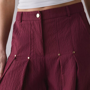 Women Custom Burgundy Wide Leg Suit Pants Textured Pleated Trousers with Gold <strong>Studs</strong> - Product Image 2