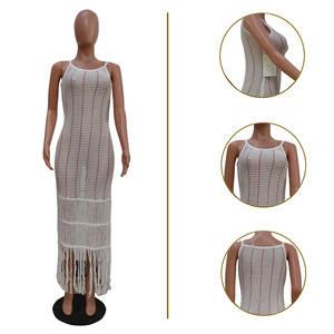 ชุดเดรสชายหาดแฟชั่นแบบลำลองสำหรับผู้หญิง ดีไซน์ถักนิตติ้งประดับพู่ สายคล้องคอ ไม่มีแขน - Product Image 4