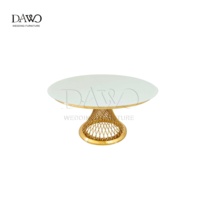 Table de salle à manger ronde avec base spirale dorée et plateau en verre blanc pour mariage