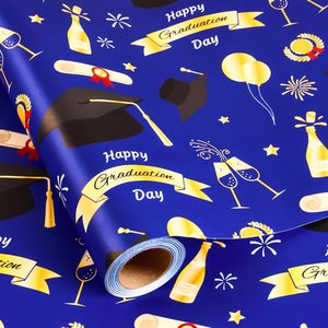 Graduation Wrapping <b>Paper</b> <b>Roll</b> <b>Blue</b> Gold 17 Inch X 16.5 Feet Single Side Gift Wrap For Graduation Occasion - Product Image 1