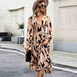 Vestido de <span class=keywords><strong>manga</strong></span> <span class=keywords><strong>larga</strong></span> con cuello en V y estampado informal para vacaciones de primavera/verano para mujer, estilo europeo y americano 2024 - Product Image 5
