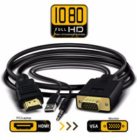 Kabel HDMI ke VGA Berkualitas Tinggi 1.8M 6FT dengan Chip Konversi Terintegrasi, HDMI Male ke VGA Male dengan Kabel Audio Stereo 3.5mm dan Daya USB
