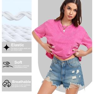 Camiseta Corta para Mujer, Estilo Acid Wash, Manga Corta, Cuello Redondo, Básica, Holgada, Veraniega, 100% Algodón Jersey, Transpirable - Product Image 4
