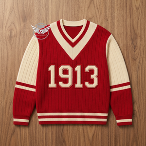 Nouveau pull en tricot plat rouge à col en V pour femme DST, broderie 1913, style vintage, manches longues, automne/hiver - Product Image 3