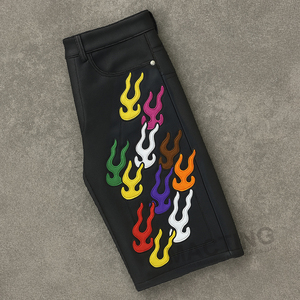 Pantalones Cortos de Cuero Personalizados de Verano, Hasta la Rodilla, con Bordado, Patchwork, Estilo Retro Vintage, con Cristales de Imitación, de Alta Calidad, Holgados, para Hombre - Product Image 2