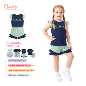 Ensembles de vêtements d'été <span class=keywords><strong>pour</strong></span> filles, personnalisés en gros, en coton à volants, à manches flottantes, imprimés, avec broderie de nœuds <span class=keywords><strong>français</strong></span> et motif camion - Product Image 1