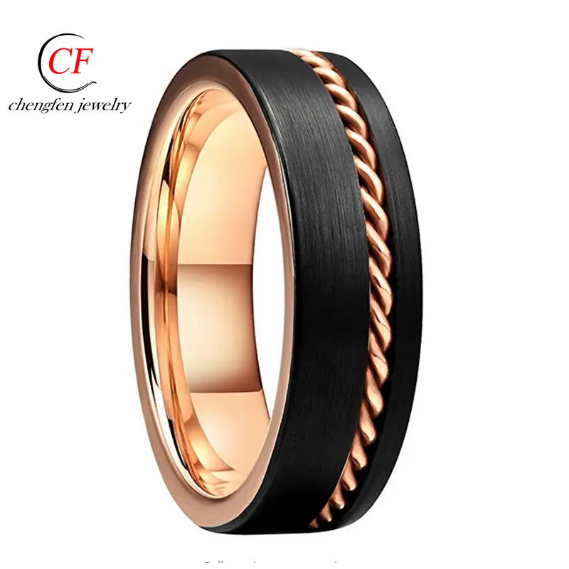 Cincin pernikahan cincin Brushed Tungsten karbida emas mawar 7mm hitam disesuaikan baja nirkarat perhiasan cincin Zircon uniseks cincin 50 buah