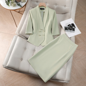 Women's Green Suit Set Three Quarter Sleeve Midi Skirt Elegant Business Leisure Satin Two Piece Outfit - Product Image 1