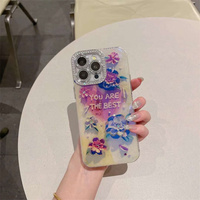 Coque de téléphone fleur de peinture à l'huile de strass bleu haut de gamme pour iPhone 15 14 13 12 11 pro max couverture arrière dure anti-chute