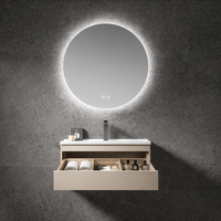 Meuble-lavabo de salle de bain flottant moderne avec miroir rond LED, armoire murale, vasque en céramique et tiroir à fermeture douce