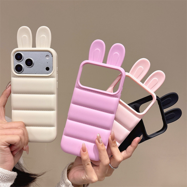 Simple Matte Puffer Rabbit Ears Mobile Phone case for iPhone 17 16 15 14 Pro Max cute Frosting Solid color soft ins Back Cover