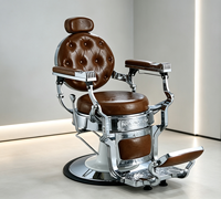 Fauteuil de barbier hydraulique réglable en cuir marron rétro avec cadre chromé poli pour usage commercial en salon